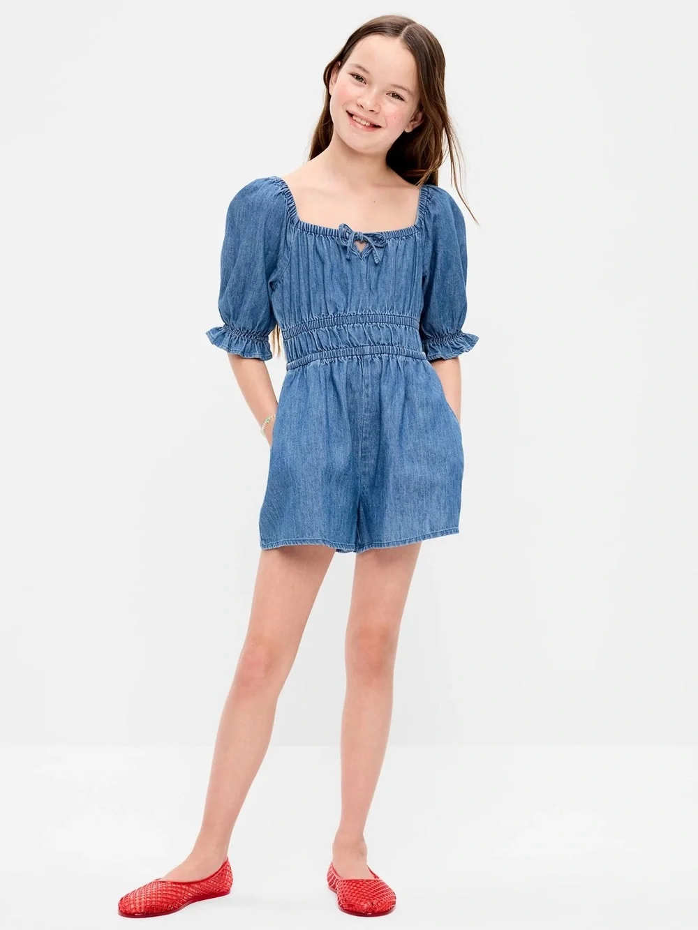 Short-Sleeve Chambray Romper for Girls - Size M